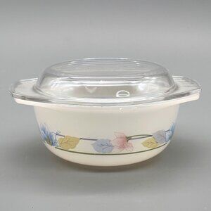 Vintage Arcuisine France Milk Glass Casserole Dish With Pastel Floral Band